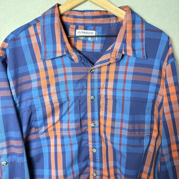 Magellan Outdoors Men Vented Fishing Shirt Classic Fit Blue Orange Plaid 2XL - Picture 8 of 14
